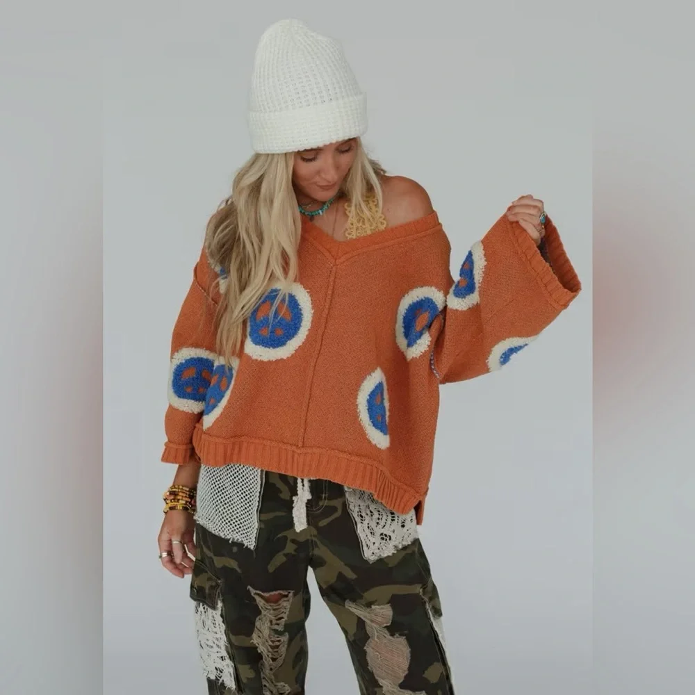 Three Bird Nest • Orange & Blue Chenille Peace Sign V Neck Sweater • Oversized - Picture 7 of 10